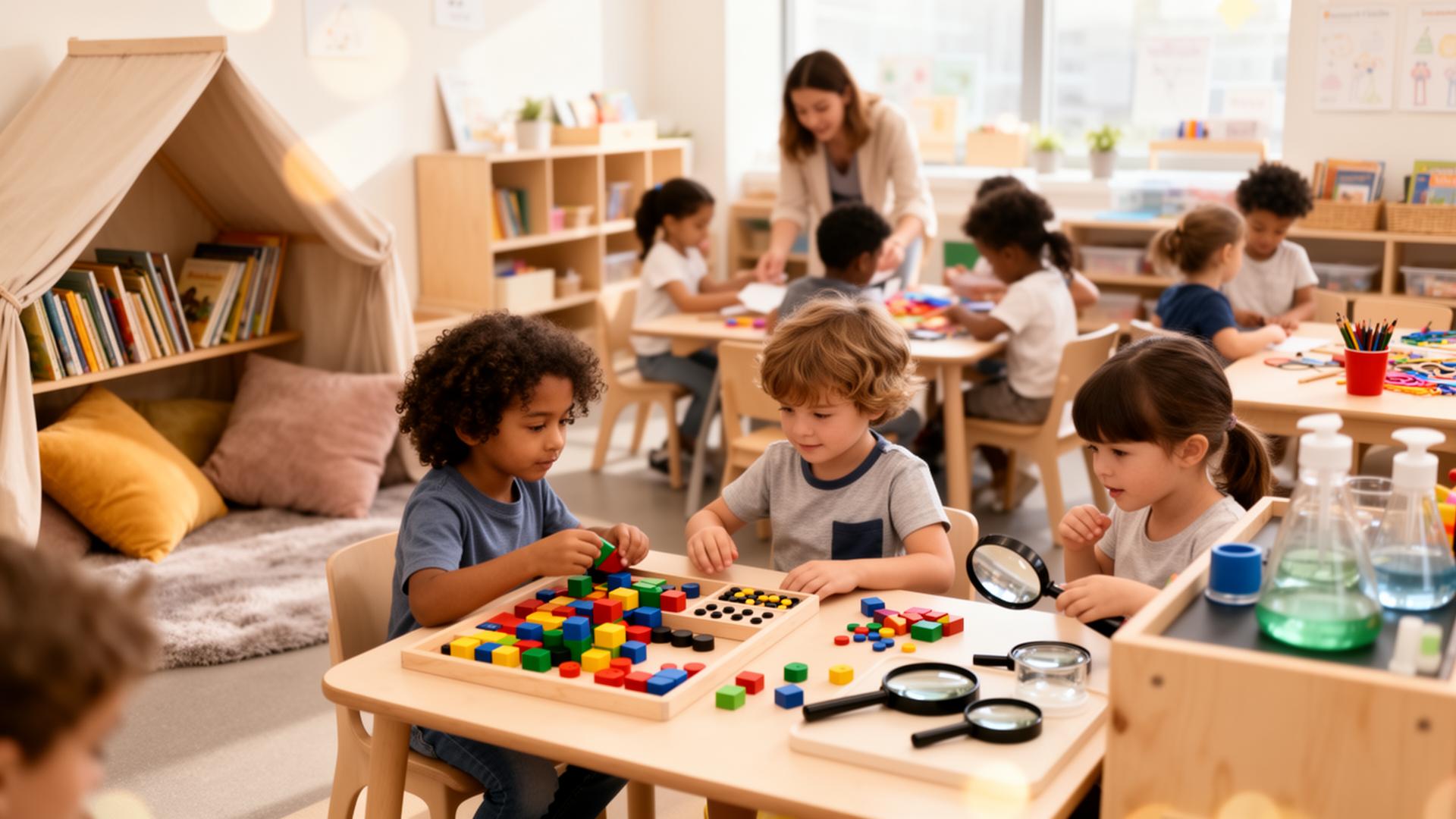 Crianças aprendendo inglês e português em sala de aula bilíngue